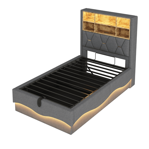 Cama infantil 90x200 cm - Hidráulica com armazenamento, faixa LED controlada por APP, porta USB, estrado de lâminas de metal, estofamento em linho - Cinza