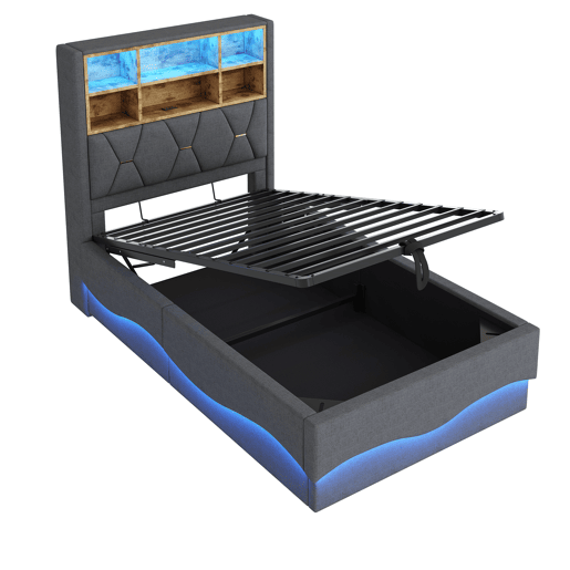 Cama infantil 90x200 cm - Hidráulica com armazenamento, faixa LED controlada por APP, porta USB, estrado de lâminas de metal, estofamento em linho - Cinza