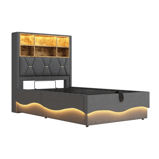 Cama infantil 90x200 cm - Hidráulica com armazenamento, faixa LED controlada por APP, porta USB, estrado de lâminas de metal, estofamento em linho - Cinza