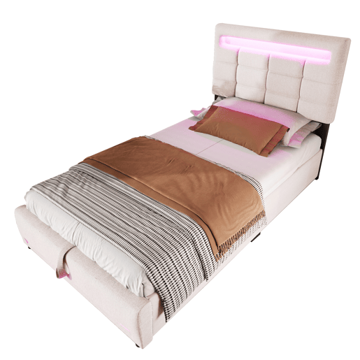 Cama estofada, 90x200 cm - Com controlo remoto APP, com luzes LED, armazenamento hidráulico, com porta USB - Bege