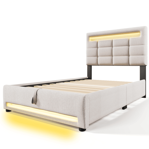 Cama estofada, 90x200 cm - Com controlo remoto APP, com luzes LED, armazenamento hidráulico, com porta USB - Bege