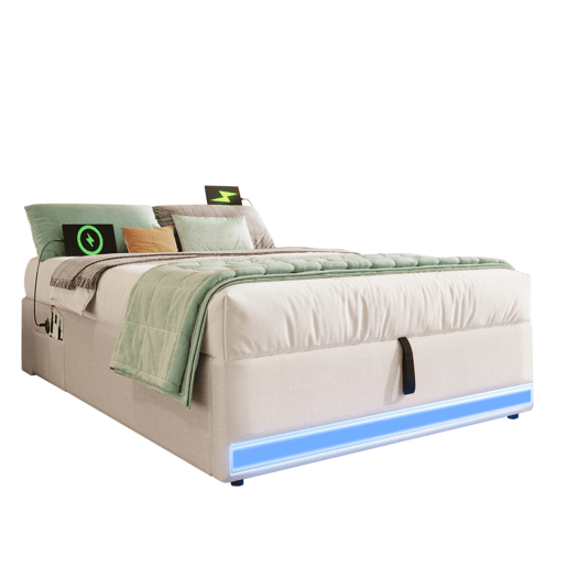 Cama com arrumação 90x200cm - LED com comando à distância, USB e Tipo-C, sem cabeceira, função hidráulica - Bege