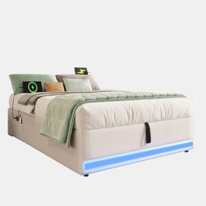 Cama com arrumação 90x200cm - LED com comando à distância, USB e Tipo-C, sem cabeceira, função hidráulica - Bege