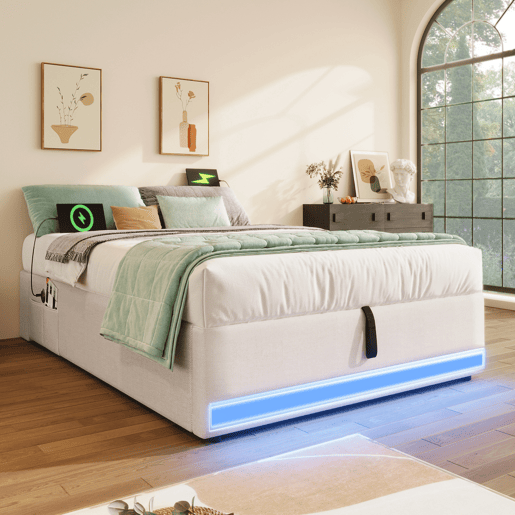 Cama com arrumação 90x200cm - LED com comando à distância, USB e Tipo-C, sem cabeceira, função hidráulica - Bege
