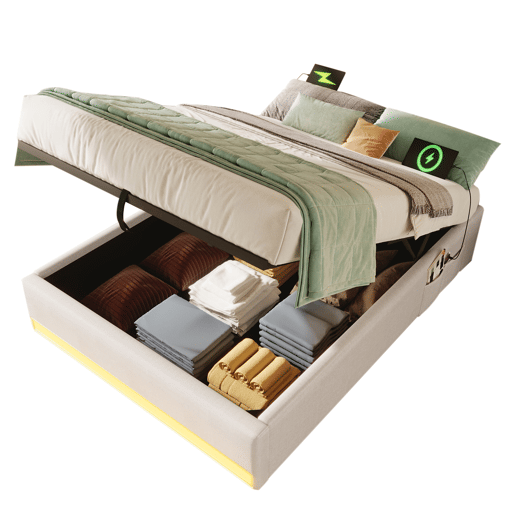 Cama com arrumação 90x200cm - LED com comando à distância, USB e Tipo-C, sem cabeceira, função hidráulica - Bege
