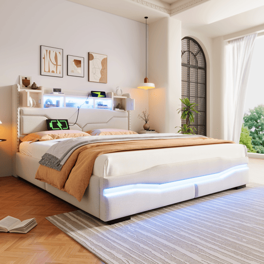 Cama Polsterbett 160x200cm - Cama hidráulica com função de carregamento USB, luzes LED, cabeceira com arrumação, bege