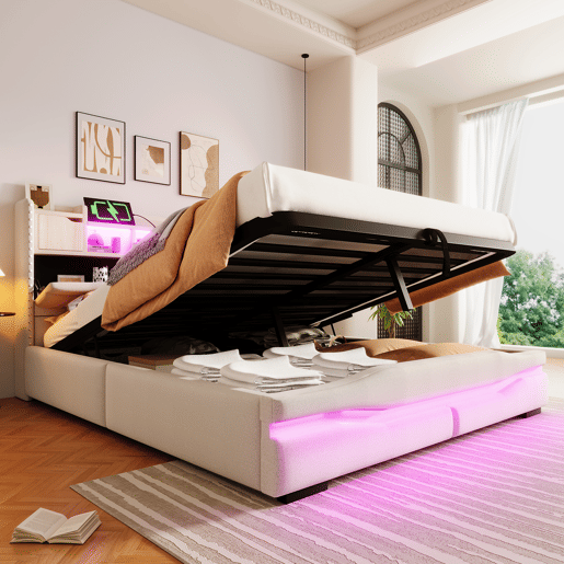 Cama Polsterbett 160x200cm - Cama hidráulica com função de carregamento USB, luzes LED, cabeceira com arrumação, bege
