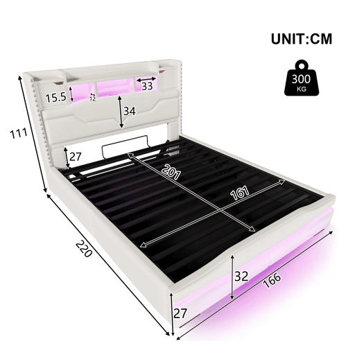 Cama Polsterbett 160x200cm - Cama hidráulica com função de carregamento USB, luzes LED, cabeceira com arrumação, bege