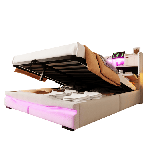 Cama Polsterbett 160x200cm - Cama hidráulica com função de carregamento USB, luzes LED, cabeceira com arrumação, bege