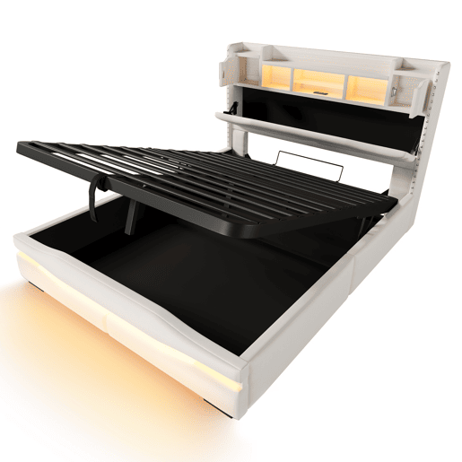 Cama Polsterbett 160x200cm - Cama hidráulica com função de carregamento USB, luzes LED, cabeceira com arrumação, bege