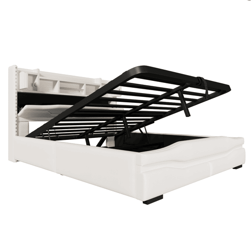Cama Polsterbett 160x200cm - Cama hidráulica com função de carregamento USB, luzes LED, cabeceira com arrumação, bege