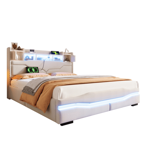 Cama Polsterbett 160x200cm - Cama hidráulica com função de carregamento USB, luzes LED, cabeceira com arrumação, bege