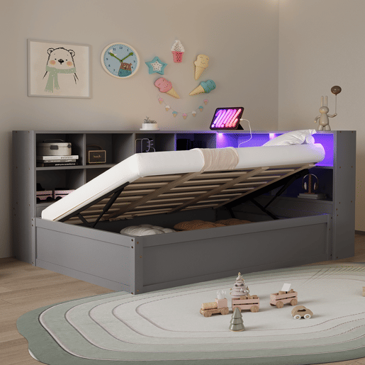 Sofá-cama 90*200 - com tomada múltipla, vários compartimentos de arrumação, barra de luz, cama hidráulica, cama de madeira maciça, cama individual - Cinza