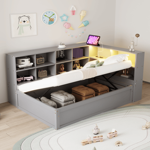 Sofá-cama 90*200 - com tomada múltipla, vários compartimentos de arrumação, barra de luz, cama hidráulica, cama de madeira maciça, cama individual - Cinza
