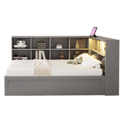Sofá-cama 90*200 - com tomada múltipla, vários compartimentos de arrumação, barra de luz, cama hidráulica, cama de madeira maciça, cama individual - Cinza