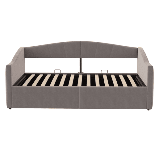 Cama individual 90*200 cm - Com armazenamento hidráulico, estrado, apoios de braços, design às riscas, cama multifuncional, tecido de veludo, cinzento