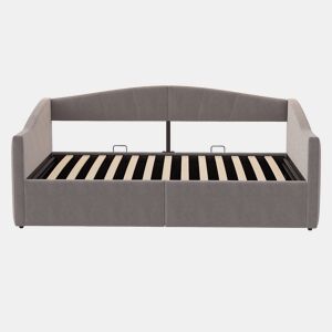 Cama individual 90*200 cm - Com armazenamento hidráulico, estrado, apoios de braços, design às riscas, cama multifuncional, tecido de veludo, cinzento