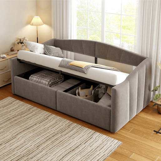 Cama individual 90*200 cm - Com armazenamento hidráulico, estrado, apoios de braços, design às riscas, cama multifuncional, tecido de veludo, cinzento