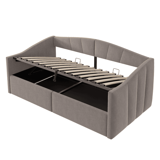 Cama individual 90*200 cm - Com armazenamento hidráulico, estrado, apoios de braços, design às riscas, cama multifuncional, tecido de veludo, cinzento