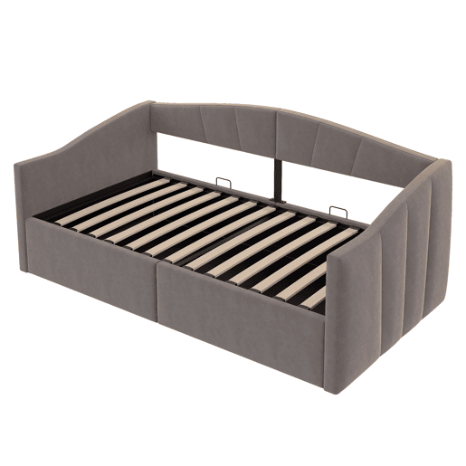 Cama individual 90*200 cm - Com armazenamento hidráulico, estrado, apoios de braços, design às riscas, cama multifuncional, tecido de veludo, cinzento