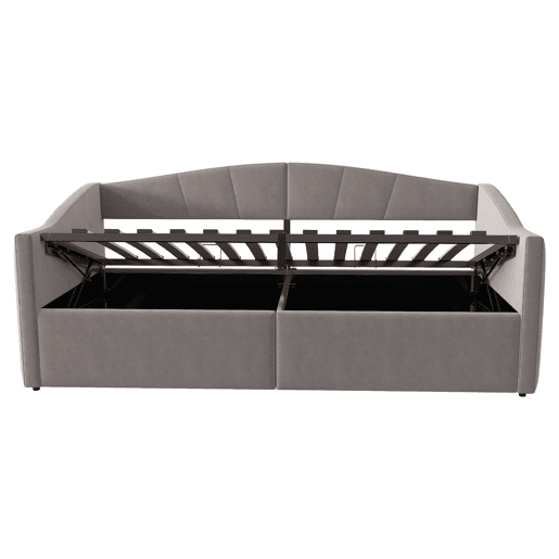 Cama individual 90*200 cm - Com armazenamento hidráulico, estrado, apoios de braços, design às riscas, cama multifuncional, tecido de veludo, cinzento