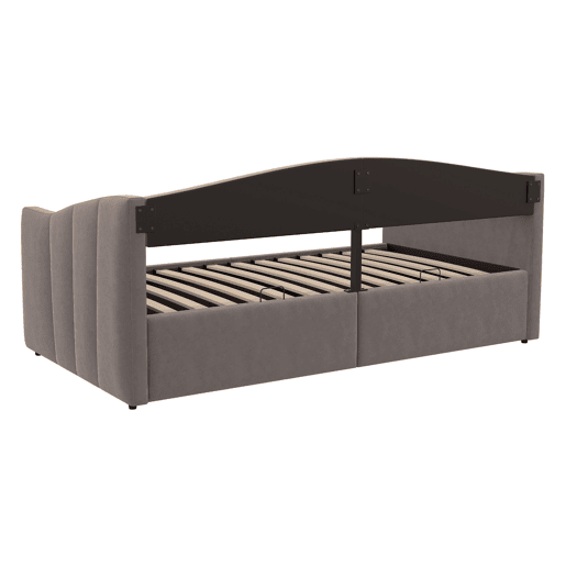 Cama individual 90*200 cm - Com armazenamento hidráulico, estrado, apoios de braços, design às riscas, cama multifuncional, tecido de veludo, cinzento