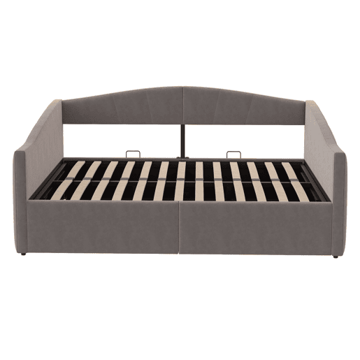 Sofá-cama 140*200 cm - Com armazenamento hidráulico, com estrado e apoios de braços, riscas clássicas, versátil duplo, tecido de veludo, cinzento