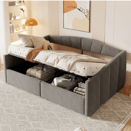 Sofá-cama 140*200 cm - Com armazenamento hidráulico, com estrado e apoios de braços, riscas clássicas, versátil duplo, tecido de veludo, cinzento