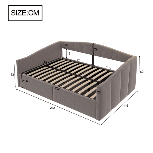 Sofá-cama 140*200 cm - Com armazenamento hidráulico, com estrado e apoios de braços, riscas clássicas, versátil duplo, tecido de veludo, cinzento