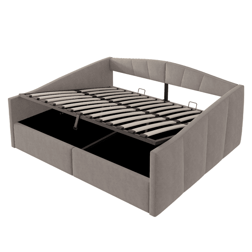Sofá-cama 140*200 cm - Com armazenamento hidráulico, com estrado e apoios de braços, riscas clássicas, versátil duplo, tecido de veludo, cinzento