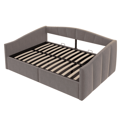 Sofá-cama 140*200 cm - Com armazenamento hidráulico, com estrado e apoios de braços, riscas clássicas, versátil duplo, tecido de veludo, cinzento
