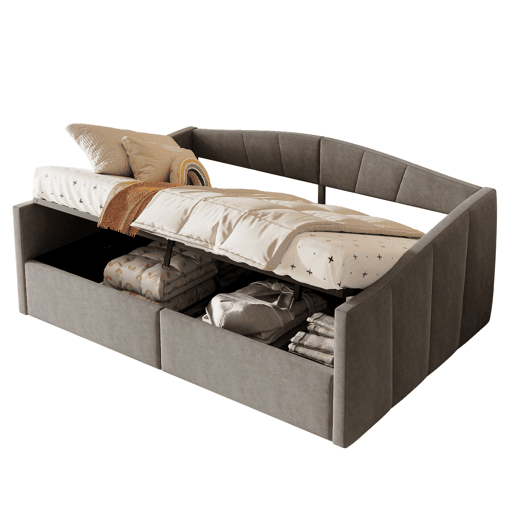 Sofá-cama 140*200 cm - Com armazenamento hidráulico, com estrado e apoios de braços, riscas clássicas, versátil duplo, tecido de veludo, cinzento