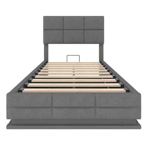 Cama estofada 90x200 cm - Cabeceira ajustável, portas USBType-C, iluminação LED, sistema hidráulico e armazenamento XXL - Cinza