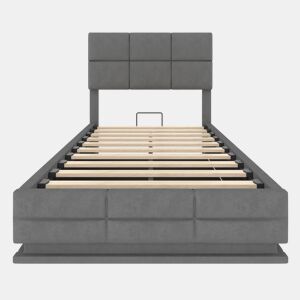 Cama estofada 90x200 cm - Cabeceira ajustável, portas USBType-C, iluminação LED, sistema hidráulico e armazenamento XXL - Cinza