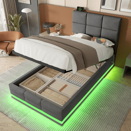 Cama estofada 90x200 cm - Cabeceira ajustável, portas USBType-C, iluminação LED, sistema hidráulico e armazenamento XXL - Cinza