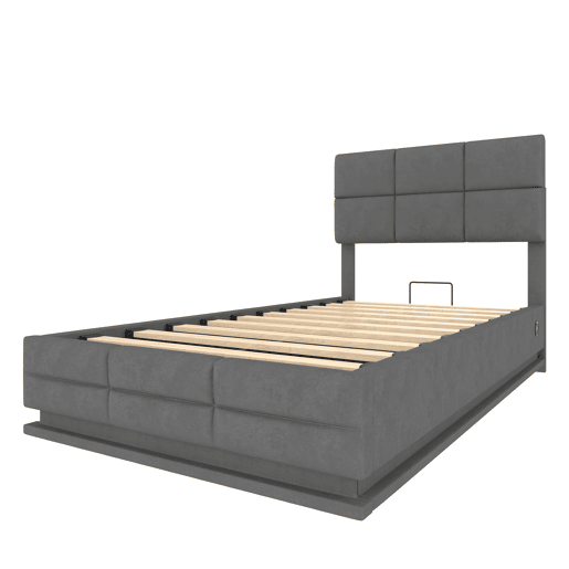 Cama estofada 90x200 cm - Cabeceira ajustável, portas USBType-C, iluminação LED, sistema hidráulico e armazenamento XXL - Cinza