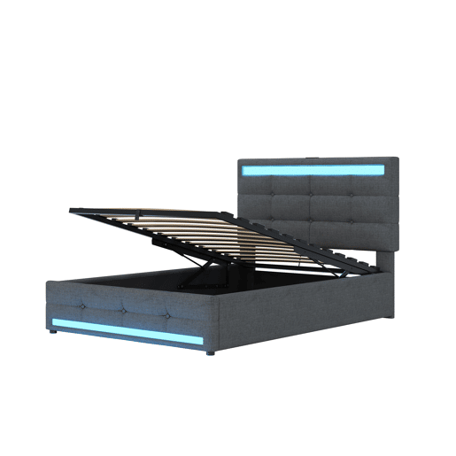 Cama estofada 90*200 - Cama infantil com armazenamento hidráulico, USB e faixa LED RGB - Cinza