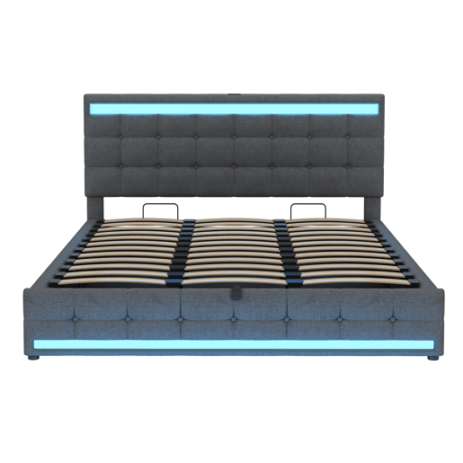 Cama infantil 180*200 - Cama com armazenamento hidráulico, USB e faixa LED RGB - Cinza