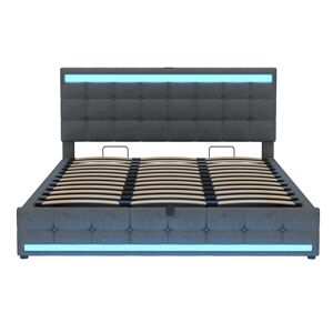 Cama infantil 180*200 - Cama com armazenamento hidráulico, USB e faixa LED RGB - Cinza