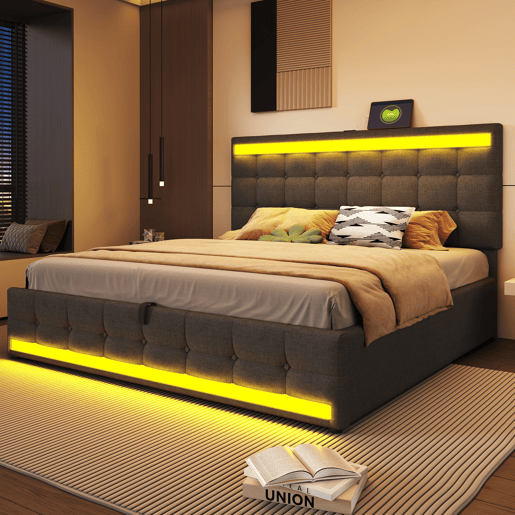 Cama infantil 180*200 - Cama com armazenamento hidráulico, USB e faixa LED RGB - Cinza