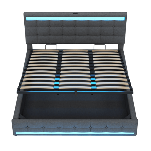 Cama infantil 180*200 - Cama com armazenamento hidráulico, USB e faixa LED RGB - Cinza