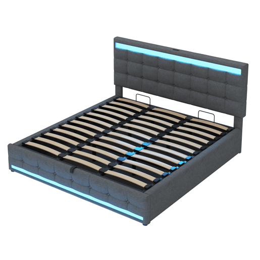 Cama infantil 180*200 - Cama com armazenamento hidráulico, USB e faixa LED RGB - Cinza
