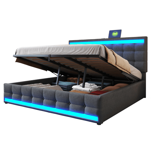 Cama infantil 180*200 - Cama com armazenamento hidráulico, USB e faixa LED RGB - Cinza