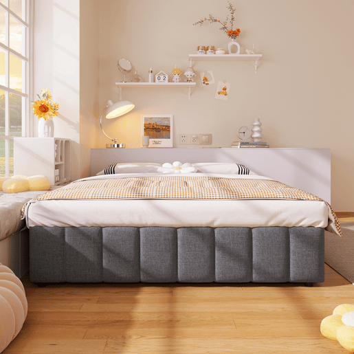 Cama estofada 140x200cm - Armazenamento hidráulico, sem cabeceira, sem colchão - Cinza