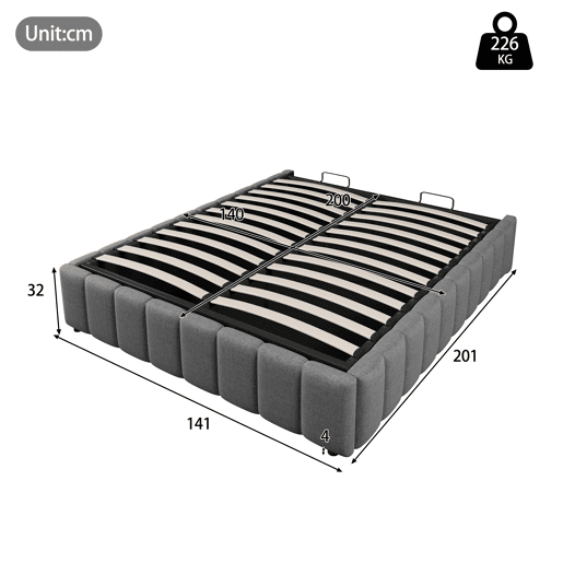 Cama estofada 140x200cm - Armazenamento hidráulico, sem cabeceira, sem colchão - Cinza