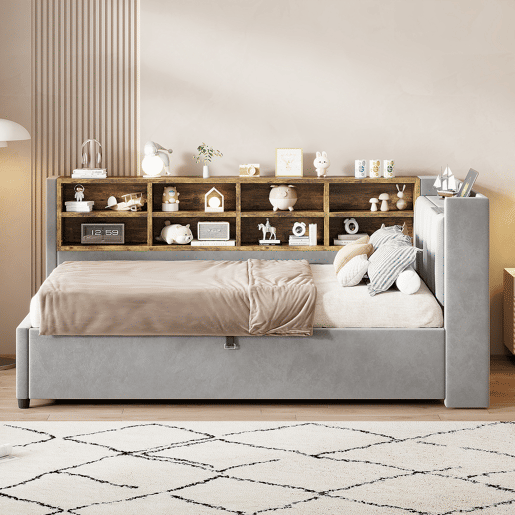 Sofá-cama 90x200 cm - Com armazenamento hidráulico, luz noturna, portas USB e Type-C, prateleiras e compartimentos, cabeceira acolchoada, cama multifuncional - Cinza claro