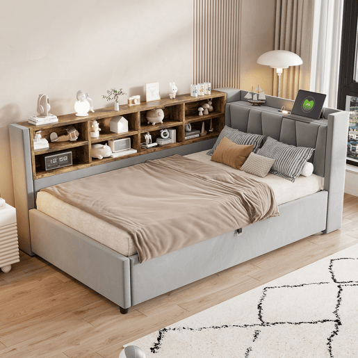 Sofá-cama 90x200 cm - Com armazenamento hidráulico, luz noturna, portas USB e Type-C, prateleiras e compartimentos, cabeceira acolchoada, cama multifuncional - Cinza claro