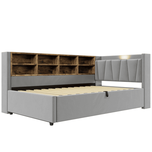 Sofá-cama 90x200 cm - Com armazenamento hidráulico, luz noturna, portas USB e Type-C, prateleiras e compartimentos, cabeceira acolchoada, cama multifuncional - Cinza claro