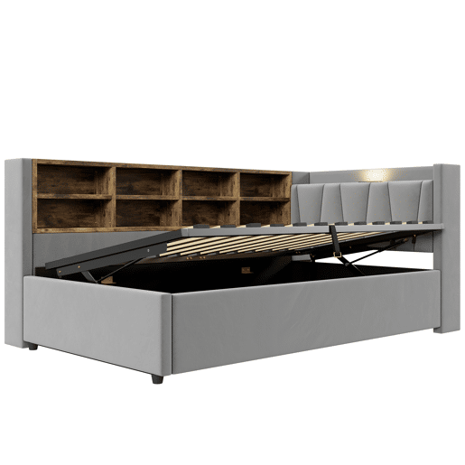 Sofá-cama 90x200 cm - Com armazenamento hidráulico, luz noturna, portas USB e Type-C, prateleiras e compartimentos, cabeceira acolchoada, cama multifuncional - Cinza claro