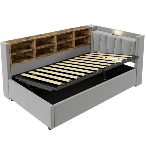 Sofá-cama 90x200 cm - Com armazenamento hidráulico, luz noturna, portas USB e Type-C, prateleiras e compartimentos, cabeceira acolchoada, cama multifuncional - Cinza claro